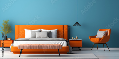 Luxury elegant interior bedroom dark orange and gol blue wall.AI Generative 