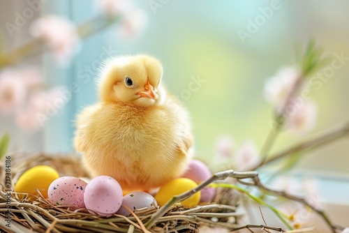 Chick in nest with flowers and Easter eggs against branches. © InfiniteStudio