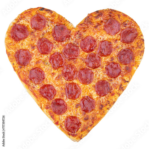 Pizza. Heart Pizza. Heart shaped pizza. Happy St. Valentine's day. Love symbol. Classic thin crust unsliced pizza with mozzarella cheese and pepperoni. American and Italian fast food. Macro food photo photo