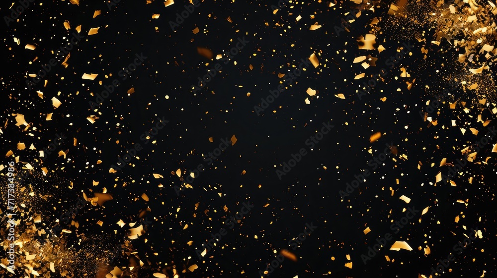 elegant golden glitter celebration background with sparkling confetti, abstract festive decoration for luxury design, dynamic gold sparkles for event background, isolated black background