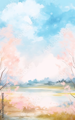 Abstract colorful pastel nature scenery oil painting with meadow, flowers, river, foliage. Natural view aesthetic abstract background canvas texture, brush strokes.