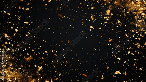 elegant golden glitter celebration background with sparkling confetti, abstract festive decoration for luxury design, dynamic gold sparkles for event background, isolated black background photo