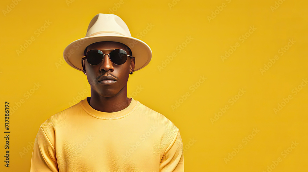 A black man in a yellow hat and a yellow T-shirt on a yellow background. A black man in a yellow hat and a yellow T-shirt on a yellow background.