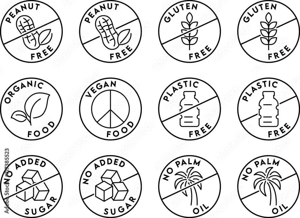 Set of icons illustrating absence of common food allergens. gluten free, peanut free, organic food icon, vegan food, plastic free, no added sugar, no palm oil , label icon for organic and healthy food
