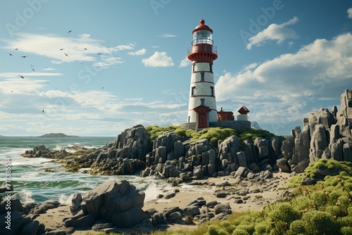 Scenic Lighthouse on a Remote Island with Pristine Beaches, on an isolated Seafoam Green background, Generative AI