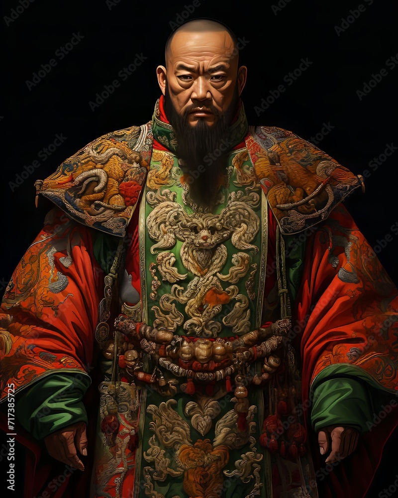 a chinese man wearing a colorful photorealistic chinese costume, ancient art with light red and dark green colours.