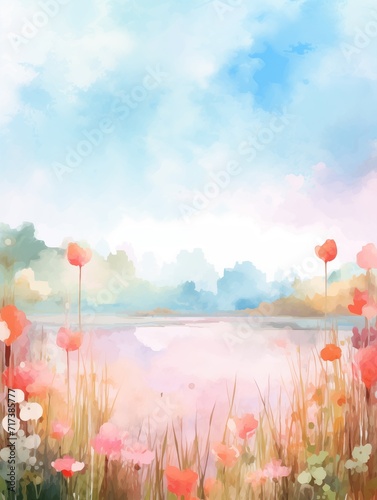 Abstract colorful pastel nature scenery oil painting with meadow, flowers, river, foliage. Natural view aesthetic abstract background canvas texture, brush strokes. © Surf Ink