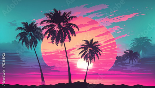 image of a palm tree silhouette in retro wave © itnozirmia