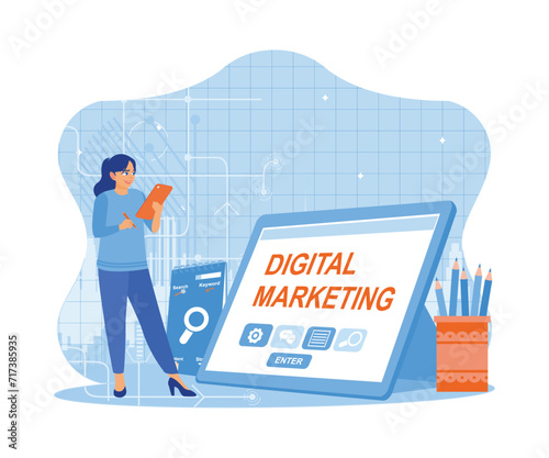 woman creates a marketing concept on the tablet screen. Create financial reports on your smart phone. Digital Marketing Content Concept. trend flat vector modern illustration 