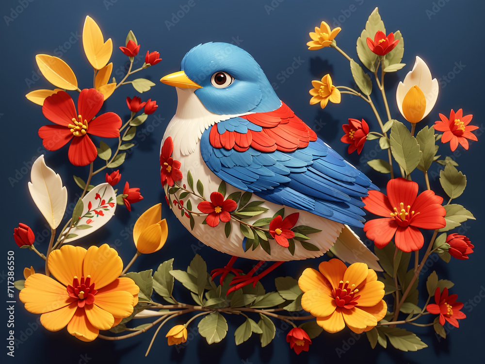 blue bird with red and yellow flowers