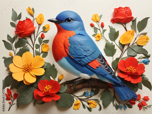 blue bird with red and yellow flowers