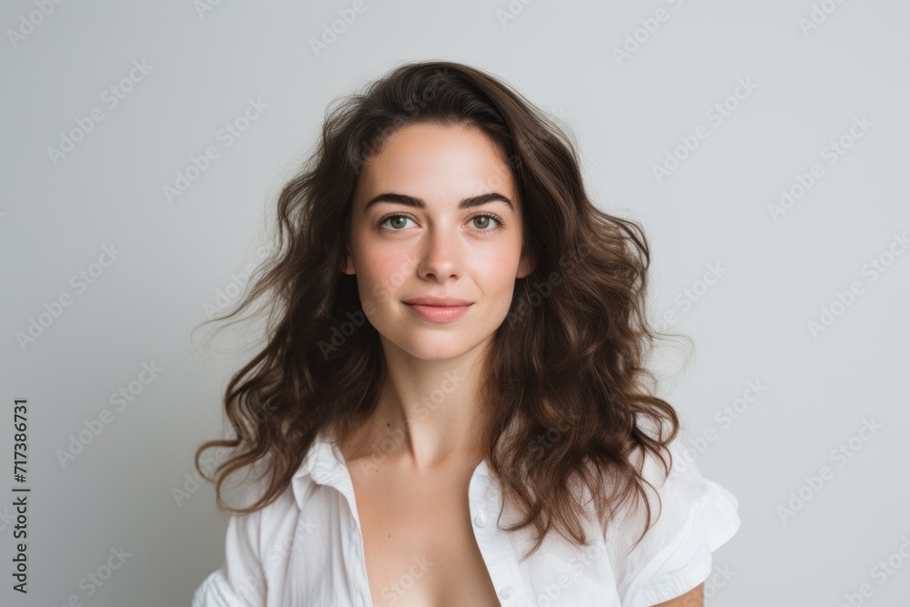 Portrait of a beautiful young woman with long curly hair in a white shirt. Portrait of a beautiful young woman with long curly hair in a white shirt.