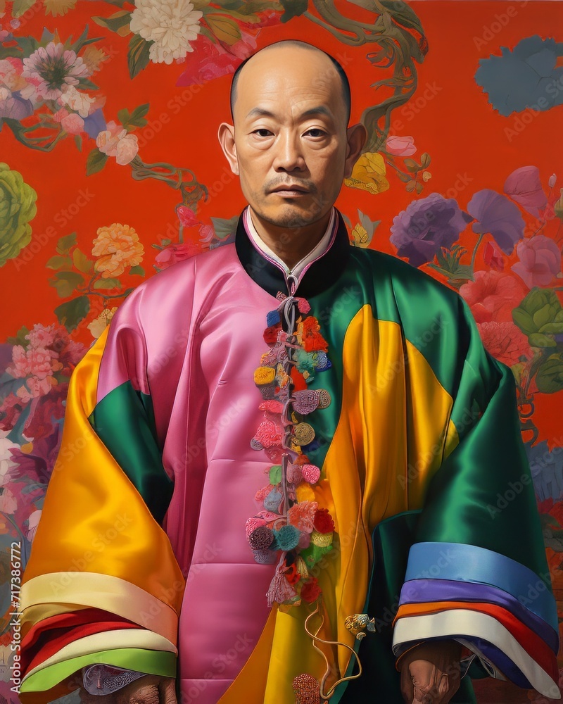 Fototapeta premium An illustration of a colorful photorealistic chinese man in traditional clothing, with yellow,white red,blue, green, white colours,