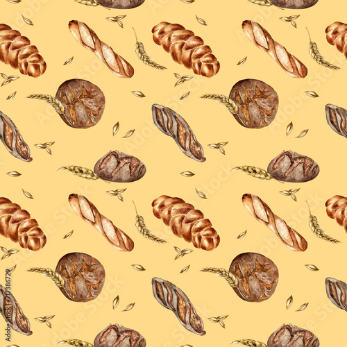 Variety bread watercolor seamless pattern isolated on beige. Hand drawn rye bread, loaf for bakery. Painted rye of wheat. Illustration of baguette. Element for design bakeshop, package, trade © Katyalanbina@gmail 