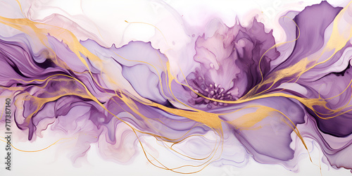 A watercolor painting of purple and gold waves Abstract bright shiny color fluid background, hand drawn alcohol painting with golden streaks, liquid ink technique texture for high resolution.
 photo