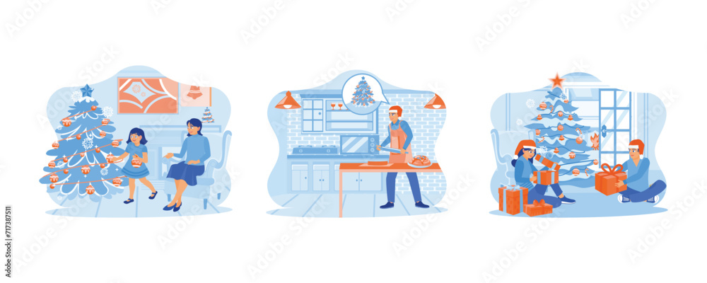 Family hanging toys on a fir tree. Young man in Santa hat cooking in home kitchen. Family sharing Christmas Eve. set flat vector modern illustration 