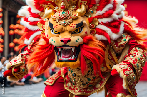 Traditionally Vibrant Lion Dance Procession Ushering in Prosperity During Chinese New Year Festivities, A Spectacle of Culture and Artistry