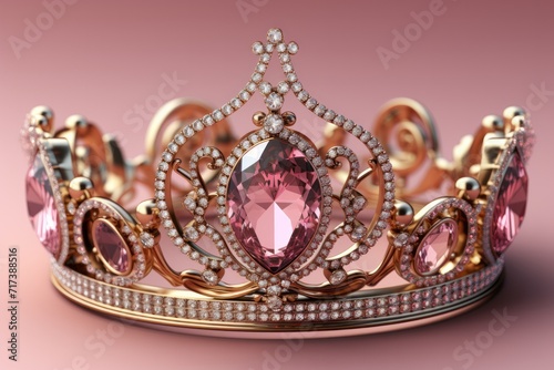 Dazzling Gold Crown, on isolated Rose Quartz Pink background, Generative AI