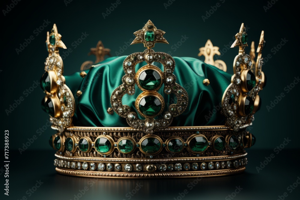 Elegant Gold Crown, on isolated Emerald Green background, Generative AI