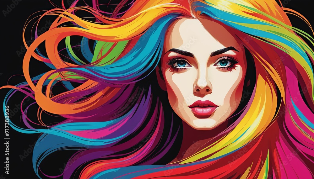 Female Portrait Vector Art: Long Colorful Hair