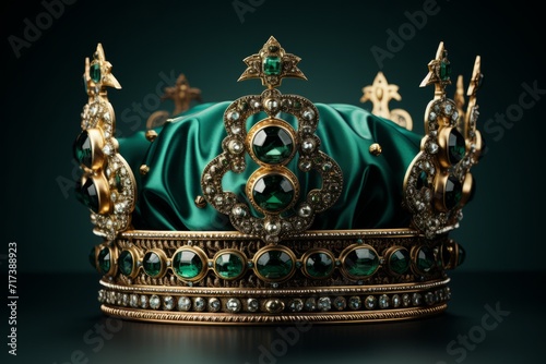 Elegant Gold Crown, on isolated Emerald Green background, Generative AI