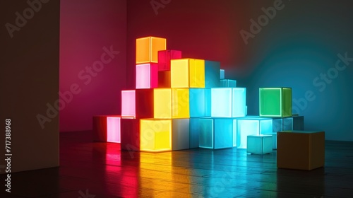A neon Tetris lamp throws colorful blocks of light onto the walls.