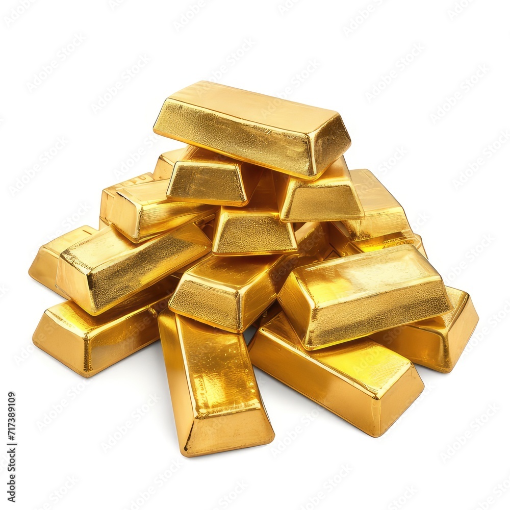 heap of gold ingots, isolated white background. exclusive high-quality image for wealth management, asset security, and gold reserve themes on white background