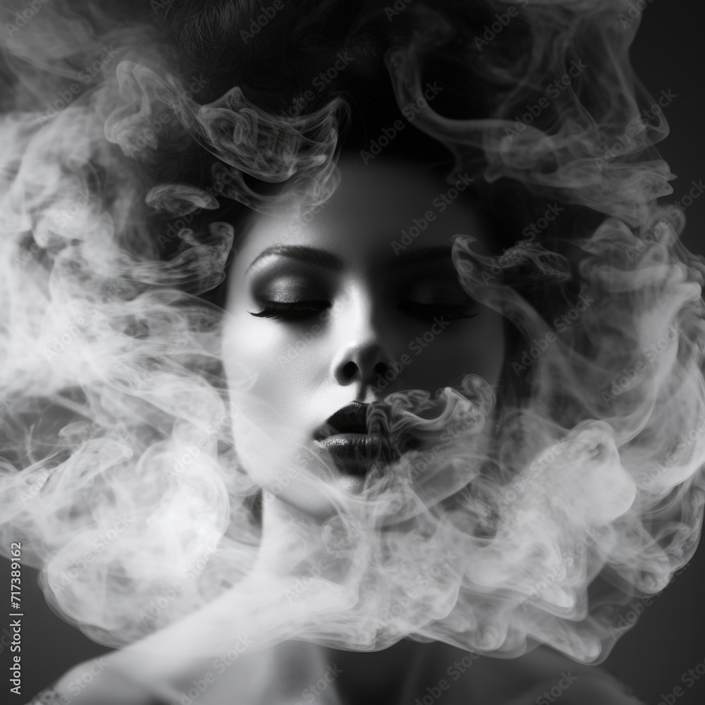 Mysterious fashion close up woman portrait in smoke , monochrome style high fashion photo, the concept of brain fog, impaired thinking, soaring in the clouds, dementia, dreams