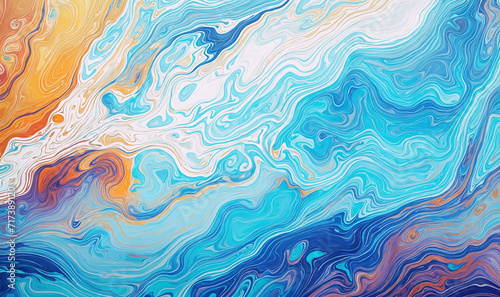 a swirl of ink paint wallpaper, blue and orange abstract water shape pattern, modern 3D backdrop  © Deea Journey 