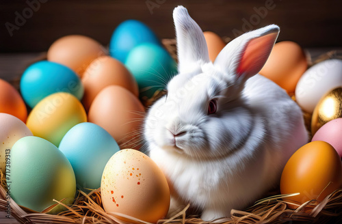 Close-up of a white Easter bunny surrounded by colorful pastel eggs