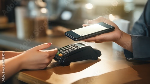 A Close up of female customer holding smartphone paying for order using modern simple e-wallet technology. The waiter provides a card reader for the customer to conduct a cashless payment transaction. photo