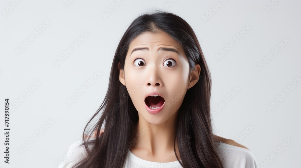 A Portrait of a beautiful Asian woman shocked on a white isolated transparent background. A Portrait of a beautiful Asian woman shocked on a white isolated transparent background.