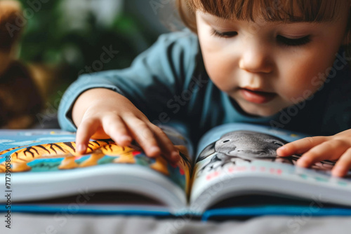 Cute children baby reading book . Education learning concept. AI generative photo