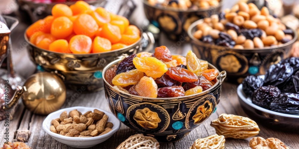 Traditional food on the table for Ramadan Kareem holiday