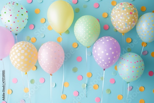 Polka dot balloons on blue background with falling confetti