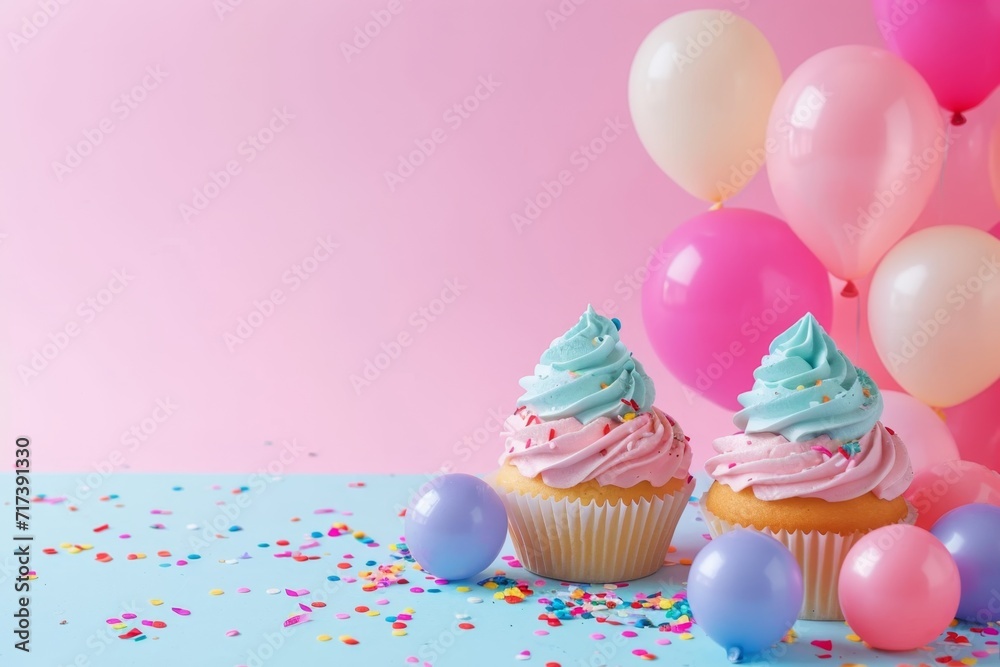 Cupcakes with colorful frosting against a backdrop of balloons and confetti