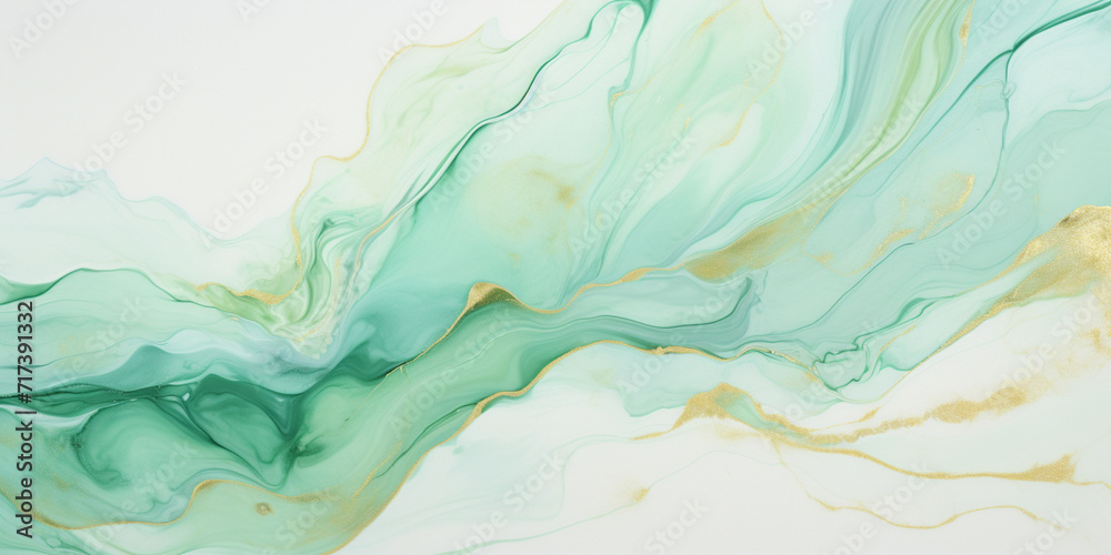 Watercolor abstract background with green and gold bubbles design Abstract ocean wave print watercolor green and blue texture with gold glitter.AI Generative

