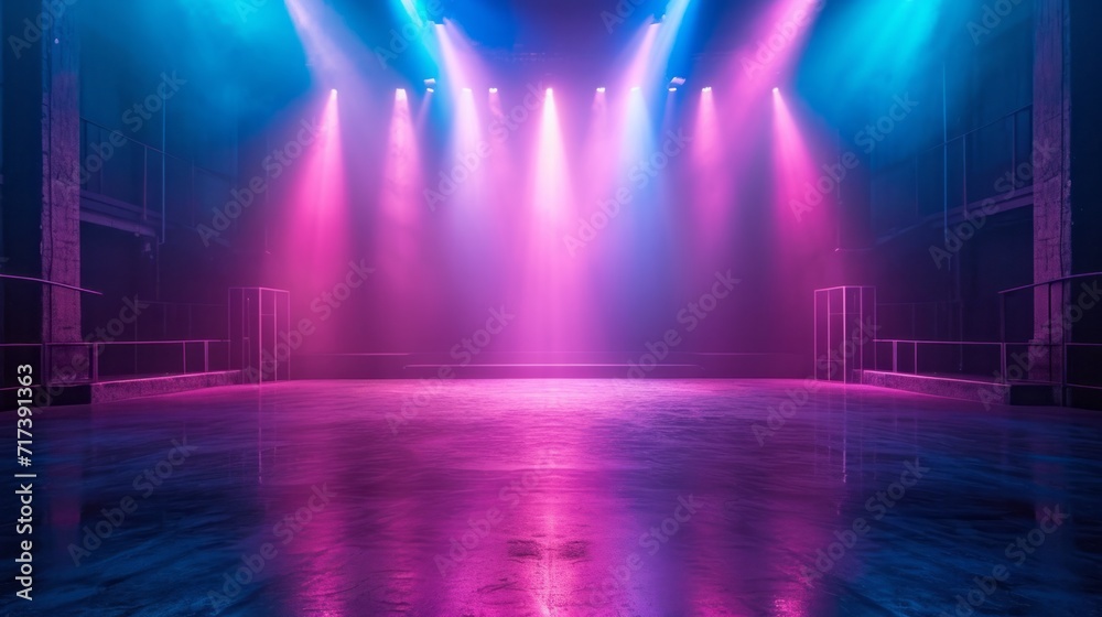 Stage illuminated by blue and pink spotlights. Empty scene with spots of light on floor. Realistic illustration of studio; theater or club interior with color beams of lamps - obrazy, fototapety, plakaty 