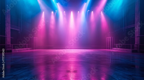 Stage illuminated by blue and pink spotlights. Empty scene with spots of light on floor. Realistic illustration of studio; theater or club interior with color beams of lamps