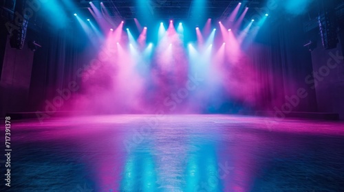 Stage illuminated by blue and pink spotlights. Empty scene with spots of light on floor. Realistic illustration of studio; theater or club interior with color beams of lamps