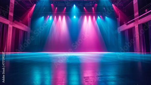 Stage illuminated by blue and pink spotlights. Empty scene with spots of light on floor. Realistic illustration of studio  theater or club interior with color beams of lamps