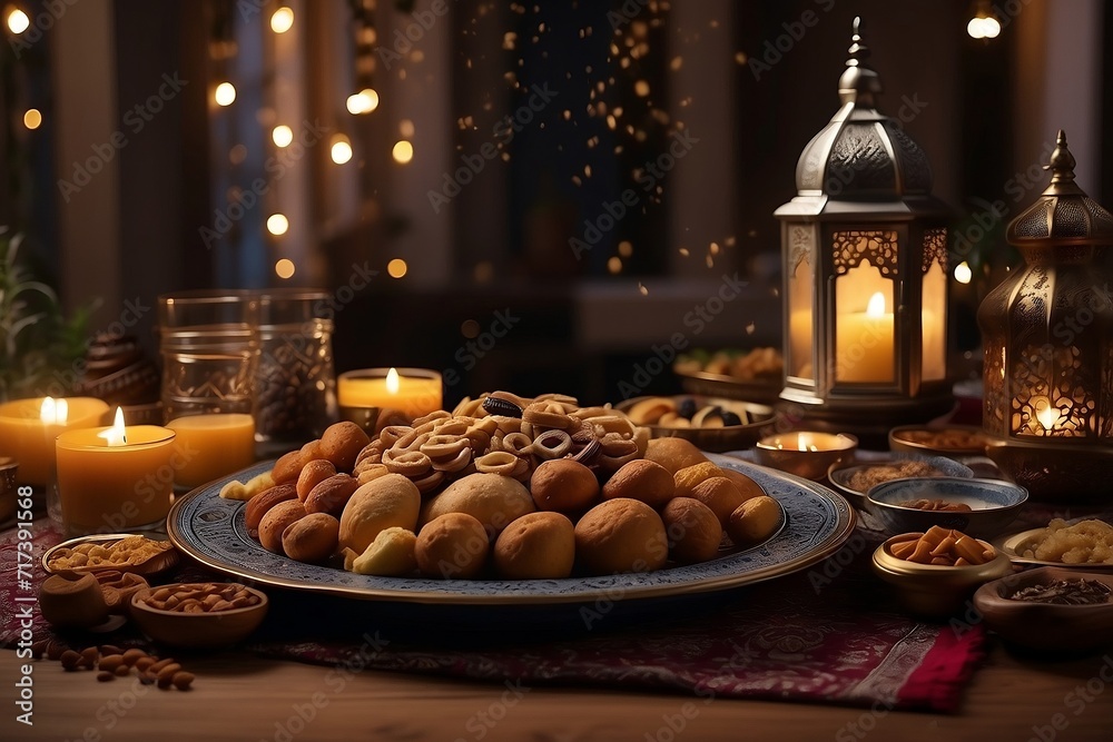 Illustration of a Ramadan meal. Iftar, Suhoor. Ramadan food on a table decorated with candles and Islamic lanterns with a calm and festive atmosphere at night Illustration of a Ramadan meal. Iftar, Suhoor. Ramadan food on a table decorated with candles and Islamic lanterns with a calm and festive atmosphere at night