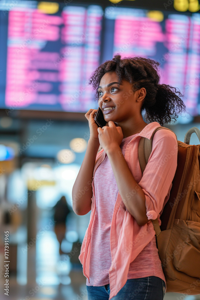 A woman talking on the phone at the airport with the monitors showing the flight schedule. A woman talking on the phone at the airport with the monitors showing the flight schedule.