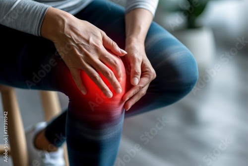Person holding knee with pain area highlighted in red photo