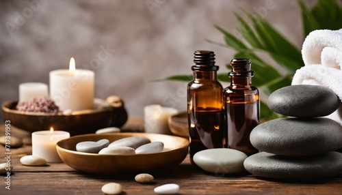 Spa therapy products on wood surface with massage rocks, aromatic oils, and sea salts for beauty care
