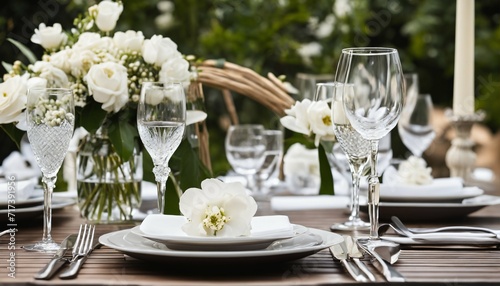 Chic alfresco table setup with pristine white blossoms for dinner parties and special occasions