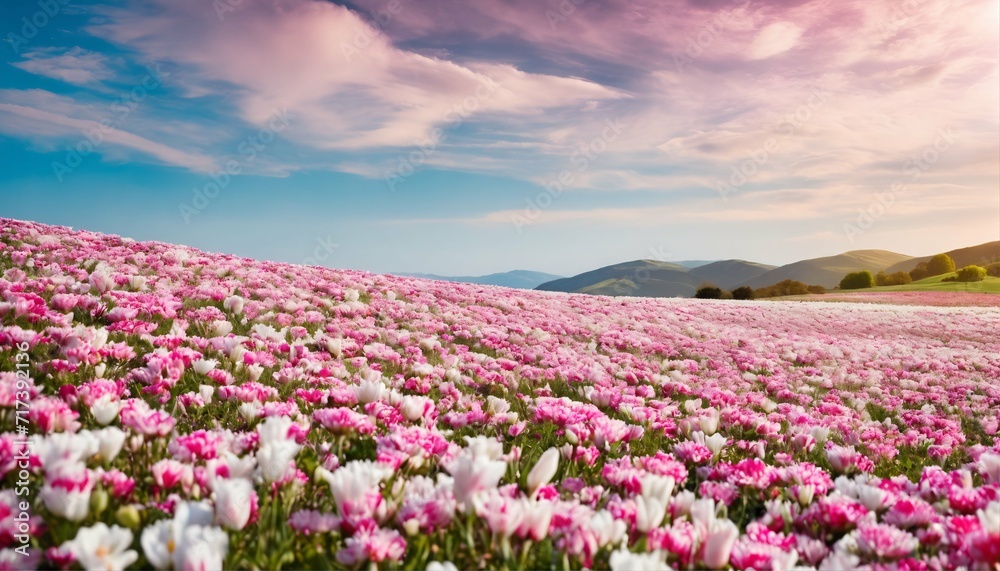 Vast field of pink and white flowers adjacent to a gentle hillside Vast field of pink and white flowers adjacent to a gentle hillside