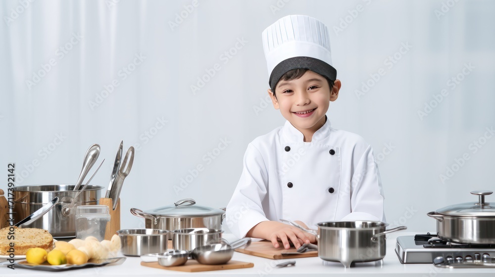 A Cooking, happy boy wearing chef's uniform. Little cook and kitchen equipment. Cooking concepts in the chef profession On empty space on white transparent background isolated A Cooking, happy boy wearing chef's uniform. Little cook and kitchen equipment. Cooking concepts in the chef profession On empty space on white transparent background isolated