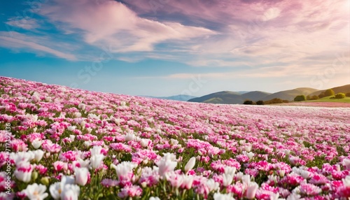 Vast field of pink and white flowers adjacent to a gentle hillside