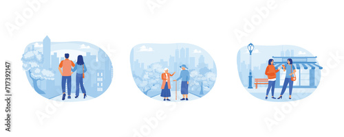 A young couple walks along a city street. Two senior women walking along a city street. Two female friends walking together on a city street. set flat vector modern illustration 
